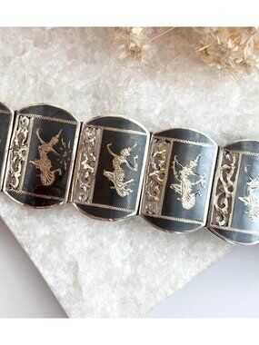 Rare Siam Sterling Silver Paneled Multi-Figure 30's 925 Vintage Chunky Bracelet